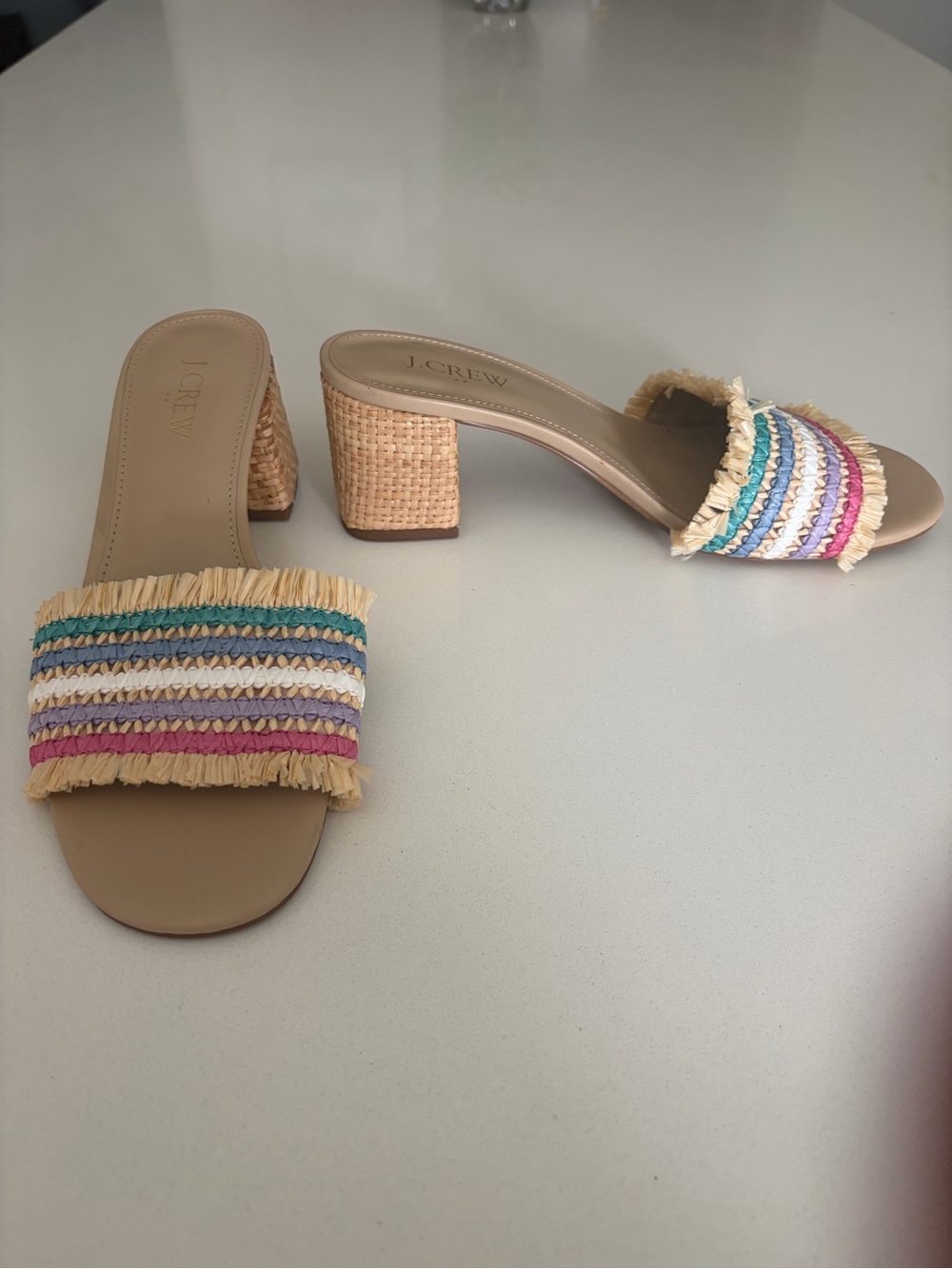 J. Crew Tan Raffia-Strap Block Heel Mules with Multicolor Stripes - Picture 2 of 3